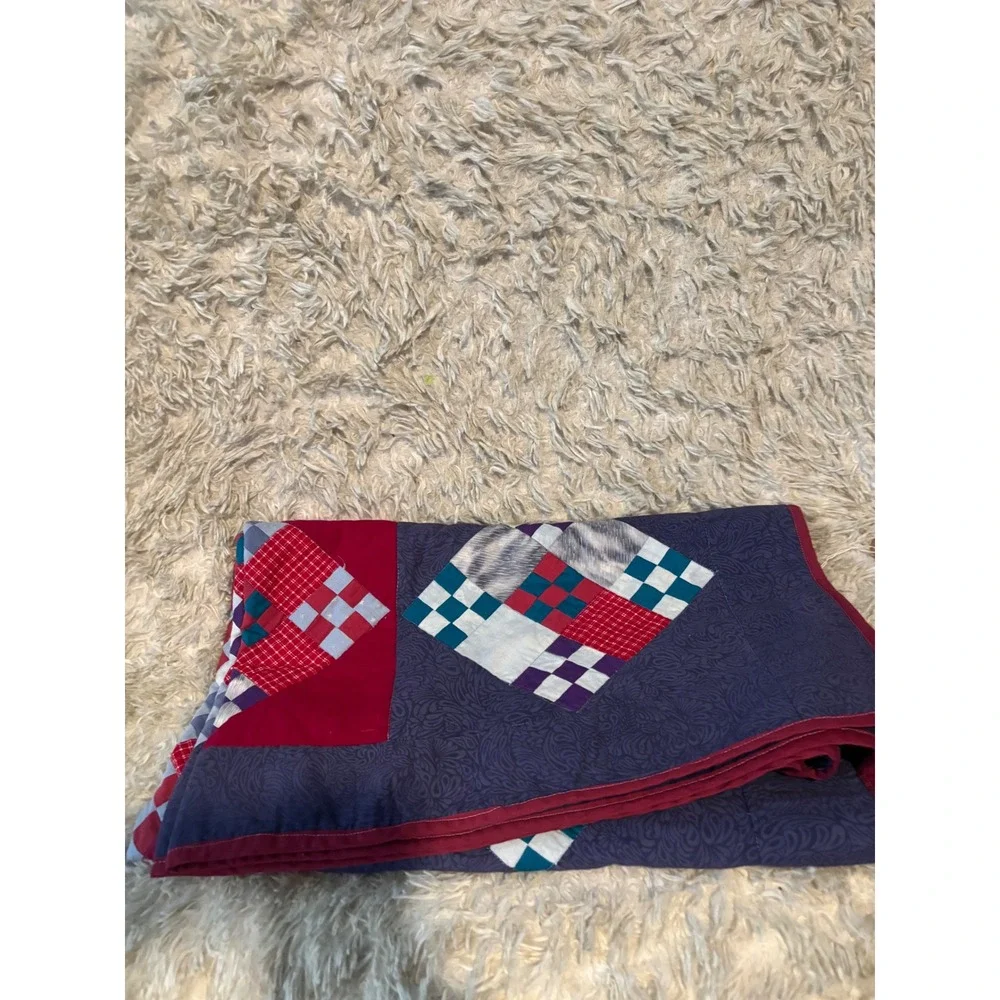 Handmade Vintage Patchwork Quilt Navy Red Purple Plaid Geometric Diamond 68x46